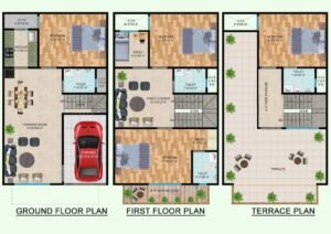 Compact 20x45 ft house plan for a narrow plot with parking, drawing-dining, kitchen, three bedrooms and open terrace – GharVistaar floor plan design