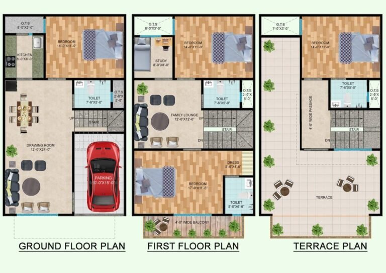 Compact 20x45 ft house plan for a narrow plot with parking, drawing-dining, kitchen, three bedrooms and open terrace – GharVistaar floor plan design