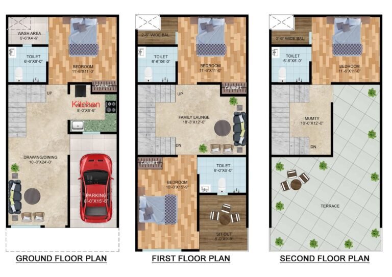 3 BHK duplex house plan with ground floor drawing room kitchen parking, first floor bedrooms study and terrace plan by GharVistaar