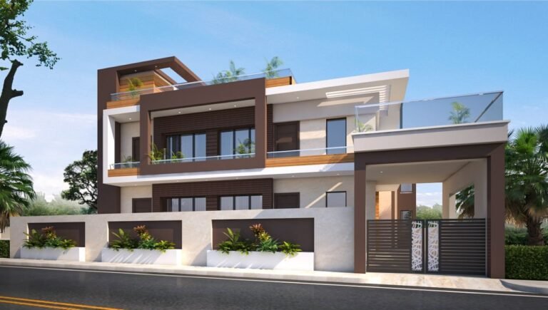 Commercial banquet hall and restaurant building elevation with sloped roof, tall windows and outdoor seating designed by GharVistaar