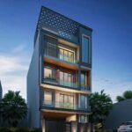 Completed independent house with wooden cladding, glass balcony railings, travertine gate pillars and granite driveway – GharVistaar turnkey construction Greater Noida