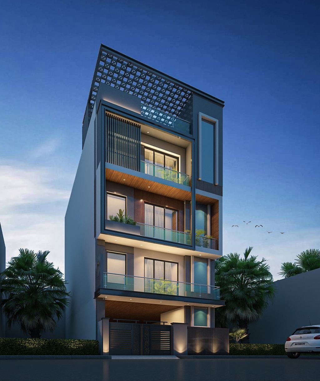 Completed independent house with wooden cladding, glass balcony railings, travertine gate pillars and granite driveway – GharVistaar turnkey construction Greater Noida