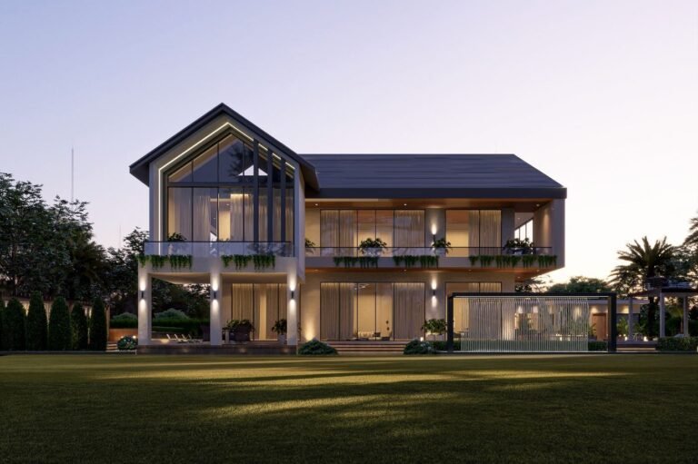 Contemporary gable-roof villa with double-height glass front and balcony gardens designed and built by GharVistaar in Delhi NCR