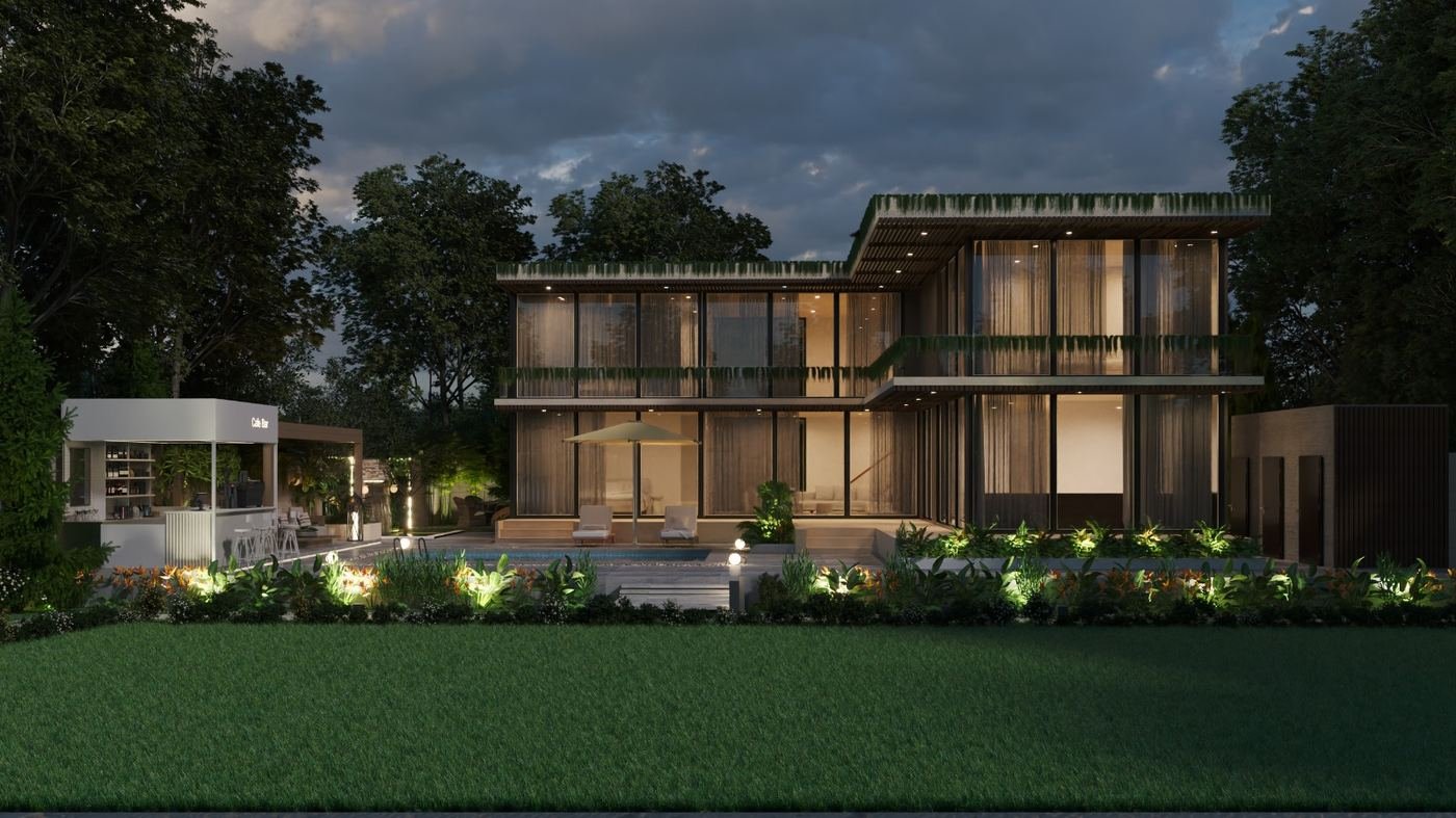 Night view of a luxury glass-facade villa with green roof terrace, swimming pool and garden lighting constructed by GharVistaar