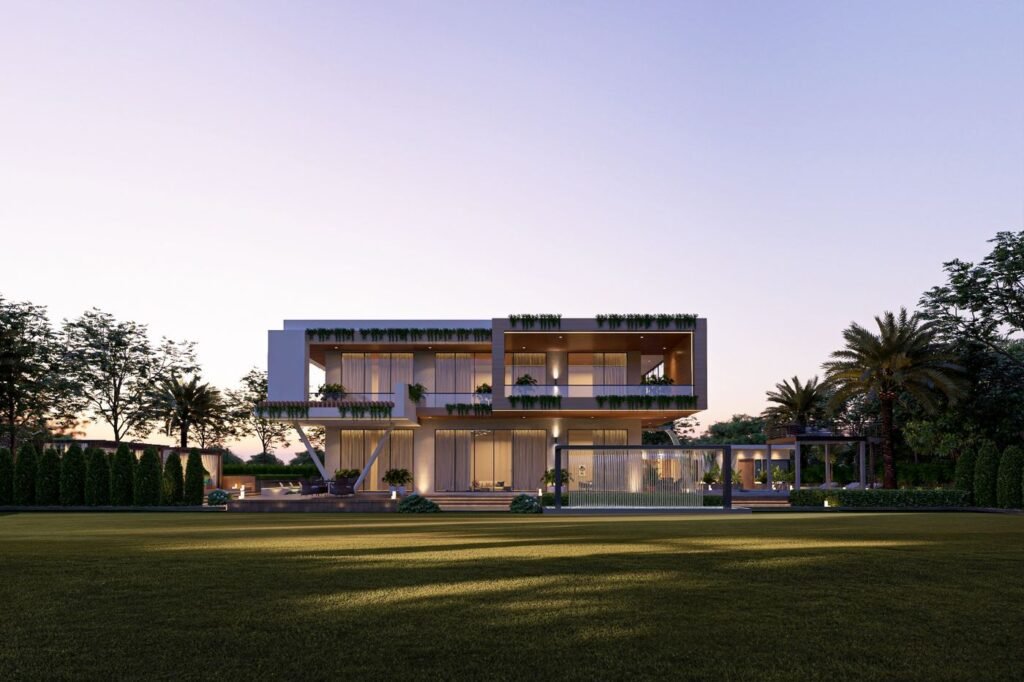 Modern two-storey flat-roof villa with glass facade, hanging planters and lawn built by GharVistaar construction company in Greater Noida