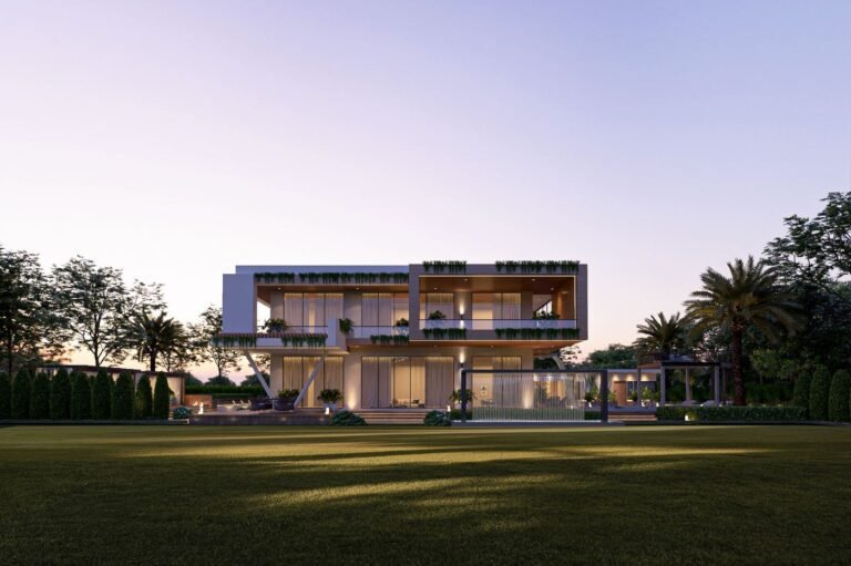 Modern two-storey flat-roof villa with glass facade, hanging planters and lawn built by GharVistaar construction company in Greater Noida