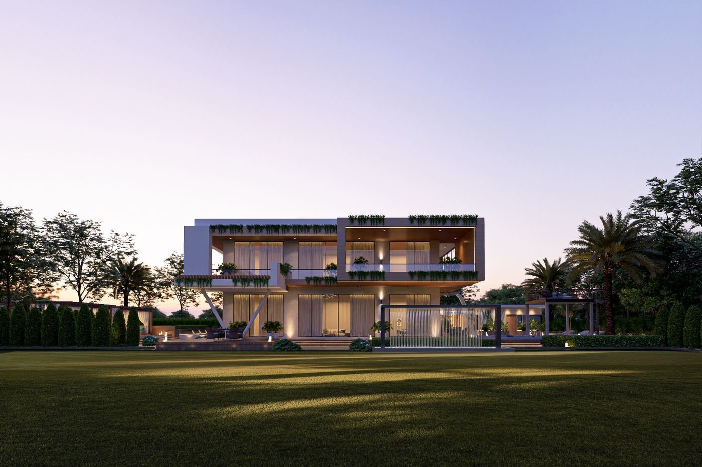 Modern two-storey flat-roof villa with glass facade, hanging planters and lawn built by GharVistaar construction company in Greater Noida