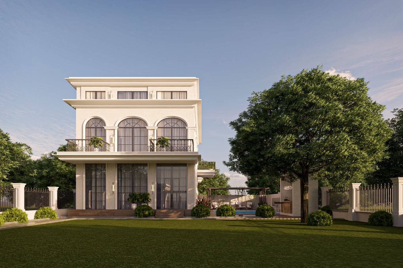 Three-storey neoclassical white villa with arched windows, iron balconies, lawn and garden pool house – GharVistaar luxury villa construction