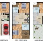 Three-floor house floor plan showing ground floor drawing dining kitchen parking, first floor bedrooms and family lounge, second floor terrace – GharVistaar architectural design